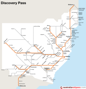 Map of rail and coach routes served by the NSW Discovery Pass