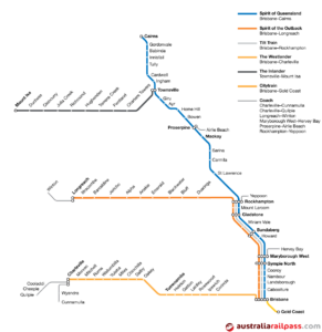 Map of coach and rail routes served by the Queensland Explorer Pass rail pass